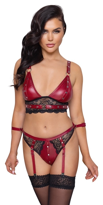 Cottelli Bondage Bordeaux læderlook lingerie sæt