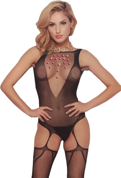 Netdragt i bodystocking look med pink nitter XS-S